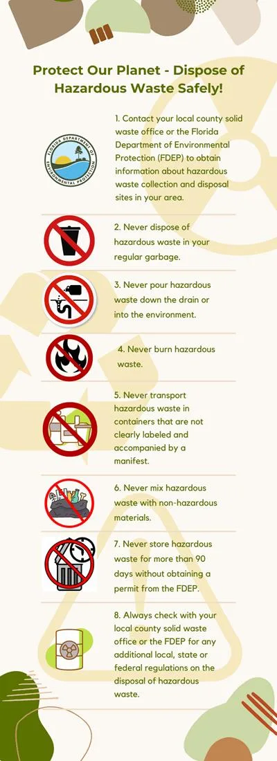 Infographic with 8 rules for safe hazardous waste disposal in Florida